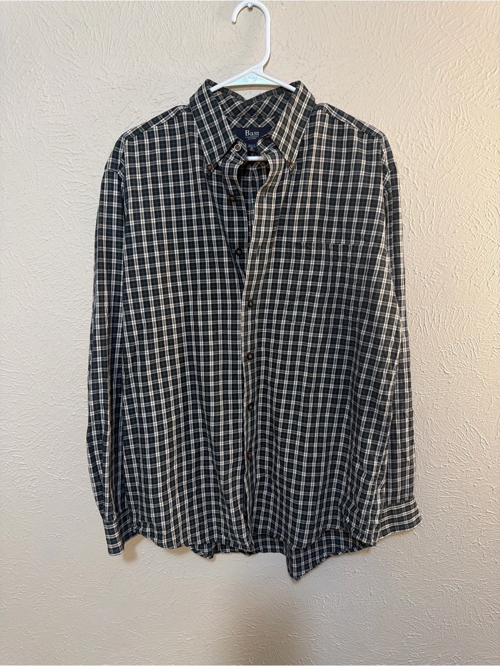 Bass Green and White Check Plaid Button-Down Shirt